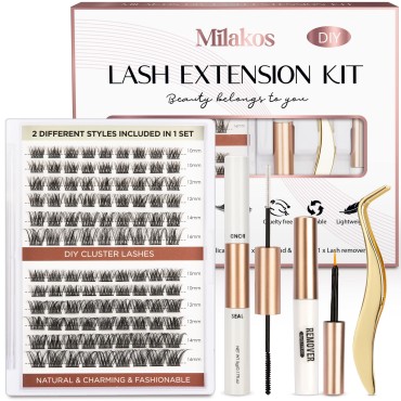 Milakos DIY Lash Extension Kit: 144 Pcs Individual Lash Clusters with Lash Bond and Seal and Lash Remover - at Home Eyelash Extensions Kit Includes Applicator Natural Look Lashes