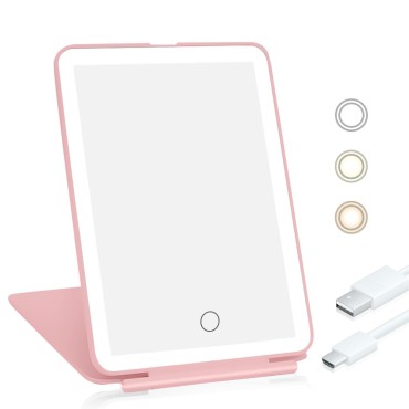 Koolstuffs Travel Mirror for Makeup, Rechargeable Light up Pink Mirror with 72 LED Lights and 1000mAh Batteries, 3 Colors Light Modes USB Portable Desktop Mirror with Dimmable Touch Screen (Pink)