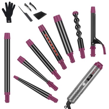 Curling Iron Wand Set, IG INGLAM Infrared 8 in-1 Interchangeable Ceramic Barrels Include 1in Infrared, 1in Cucurbit, 1/2-1in(1-1/2in) Tapered, 1-8.5in Extended Barrel, 1in, 1 1/4 in, 3/4in with Clips