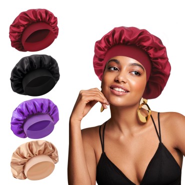 4Pcs Satin Bonnet, Silk Hair Bonnet for Sleeping, Elastic Wide Band Sleep Cap, Soft and Breathable Bonnet for Curly Hair(Red,Black,Purple,Gold)