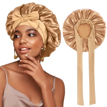Large Satin Bonnet Silk Bonnet for Sleeping Women, Hair Bonnet for Sleeping with Elastic Tie Band, Hair Cap Night Sleep Caps for Women Curly Braid Hair(Gold)