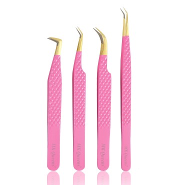 MK Queens Lash Tweezers - Stainless Steel Fiber Tip Eyelash Tweezers (Set of 4) - Diamond Grip Professional Lash Tweezers for Eyelash Extensions (Pink)