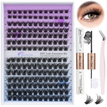 DIY Eyelash Extensions Kit 168Pcs Lashes Clusters Individual Clusters Eyelash D Curl 8-16mm Volume Fluffy Lash Extension with Super Hold Lash Bond and Seal, Lash Applicator Tool, Easy DIY at Home