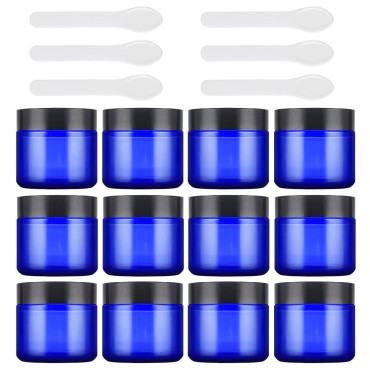 Lil Ray 2 Oz Glass Cream Jars with Black Lid (12 PCS) Empty Cobalt Blue Glass Containers Refillable Cosmetic Vials for Lotion, Ointment