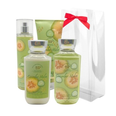 Bath & Body Works CUCUMBER MELON 4-piece Gift Set with a Red Bow for Holiday & Gifts - Shower Gel, Body Cream, Mist, and Body Lotion - Limited Edition