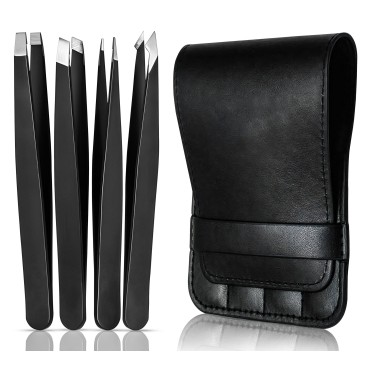 (4 Pack) Tweezers Set - Professional High Grade Stainless Steel Tweezers for Men and Women, Precision Eyebrow Tweezers for Facial Hair, Chin, and Ingrown Hair Removal - Included Storage Travel Case