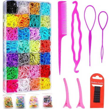 Hair Ties, 32 Colors Rubber Bands for Hair, Hair Elastics with 16 PCS Hairstyling Tools, 2000 PCS Small Hair Ties with Organizer Box, Colorful Hair Ties for Women, Girls, Kids