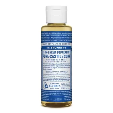 Dr. Bronner’s - Pure-Castile Liquid Soap (Peppermint, 4 ounce) - Made with Organic Oils, 18-in-1 Uses: Face, Body, Hair, Laundry, Pets and Dishes, Concentrated, Vegan, Non-GMO