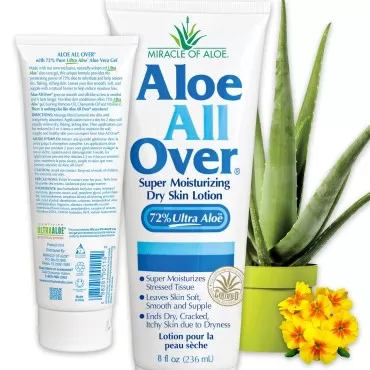 Miracle of Aloe Aloe All Over Super Moisturizing Dry Skin Lotion 8 oz - Made with 72% UltraAloe Aloe Vera Gel. Safe for Everyone: Men, Women, Children, Kids. Ends Flaking and Restores Dry Skin Fast