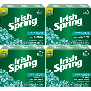 Irish Spring Deodorant Bath Bar Soap, Deep Action Scrub, with Scrubbing Beads, 3.75 Ounce Each, 3 Bar Pack (Pack of 4) 12 Bars Total