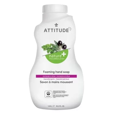 ATTITUDE Foaming Hand Soap, Plant and Mineral-Based Ingredients, Vegan and Cruelty-free Personal Care Products, Bulk Refill, Coriander & Olive, 35.2 Fl Oz