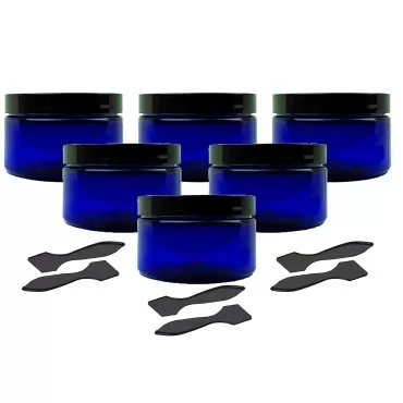 Grand Parfums 6 Cobalt Blue Low Profile 4 Oz Jars PET Plastic Empty Cosmetic Containers, Black Caps, Sugar Scrub, Powder, Body Cream, Lotion, Beads