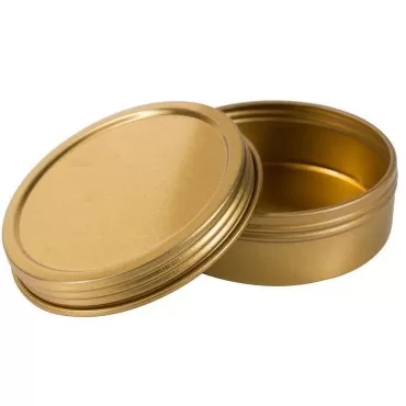 JUVITUS 2 oz Gold Metal Steel Tin Flat Container with Tight Sealed Twist Screwtop Cover Lid (12 Pack)