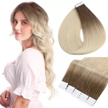 Full Shine Tape in Hair Extensions 14 Inch Tape in Human Hair Blonde Balayage 7B Fading to 613 Blonde Real Human Hair Tape in Extensions 20 Pcs 50 Grams Double Sided Hair Extensions Tape in