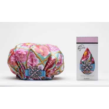 Dry Divas Designer Shower Cap For Women - Washable, Reusable - Large Bouffant Cap With Vintage Jeweled Brooch (English Garden)