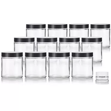 JUVITUS 4 oz / 120 ml Clear Thick Glass Straight Sided (12 pack) + Small Glass Balm Jar (Black Smooth lids)