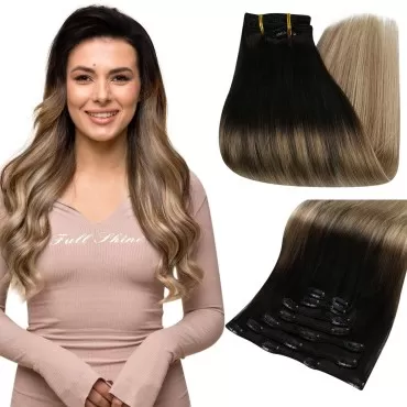 Full Shine Hair Extensions 22 Inch Clip in Human Hair Extensions Black Balayage to Ash Brown Mix Blonde Invisible Hair Clip in Extensions Double Weft 7Pcs 120 Grams for Long Hair