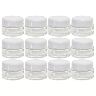 JUVITUS 0.50 oz / 15 ml Clear Glass Thick Wall Balm Jars with White Dome Foam Lined Smooth Lids (12 Pack)