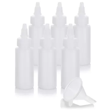 JUVITUS 2 oz Natural Clear Plastic Squeeze Bottle with Twist Top Spout + Funnel (6 pack)