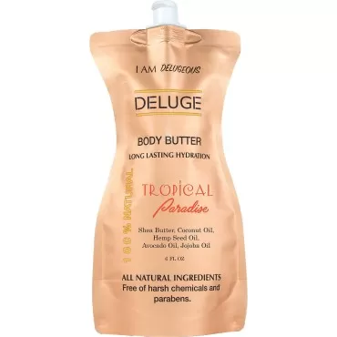 DELUGE - Body Butter Tropical Paradise - All Natural and Organic. Shea Butter, Coconut Oil, Jojoba Oil. Free of Harmful Chemicals and Parabens. No More Dry Skin. 6 oz -Eco Friendly Packaging