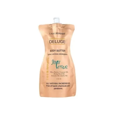 DELUGE Body Butter- Juicy Citrus- 100% Natural. Shea Butter, Coconut Oil, Hemp Seed Oil, Avocado Oil, Jojoba Oil. 6 oz. -Eco-Friendly Packaging.