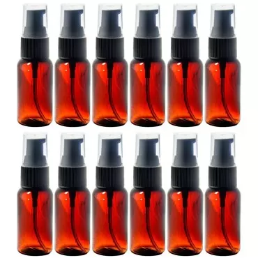 JUVITUS Amber 1 oz Boston Round PET Bottles (BPA Free) with Black Treatment Pump (12 Pack)