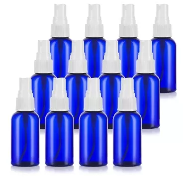 JUVITUS 2 oz Cobalt Blue Boston Round PET Bottles with White Fine Mist Spray (12 Pack)