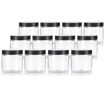 JUVITUS 4 oz Clear Plastic PET (BPA Free) Travel Jar with Black Smooth Lid (12 Pack)