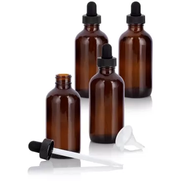 JUVITUS 4 oz Amber Glass Boston Round Bottle with Black Dropper (4 Pack) + Funnel