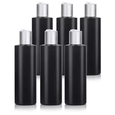 JUVITUS 8 oz Black Squeeze Cylinder Plastic (BPA Free) Bottle with Silver Smooth Disc Caps (6 Pack)