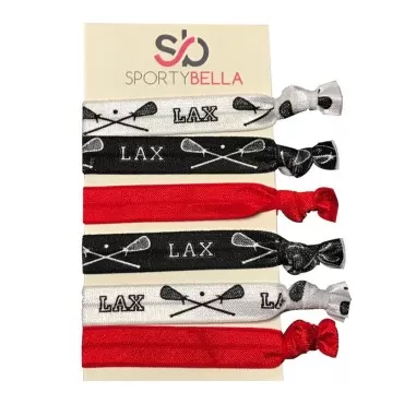Lacrosse Hair Accessories for Girls (Red) No Crease Girls Hair Ties or Hair Elastics, Hair Accessories with Lacrosse Stick Design, Hair Tie for Lacrosse Players (6 pcs) - by SPORTYBELLA