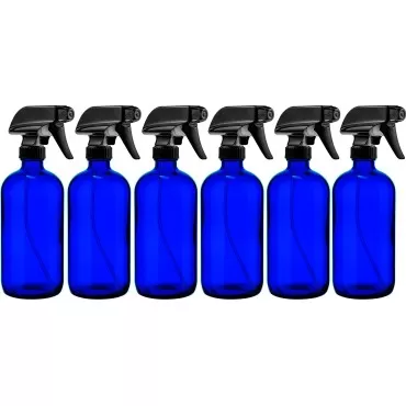 Sally's Organics Blue Glass Spray Bottle - Large 16 oz Refillable Container for Essential Oils, Cleaning Products, or Aromatherapy - Black Trigger Sprayer w/Mist and Stream Settings - 6 Pack