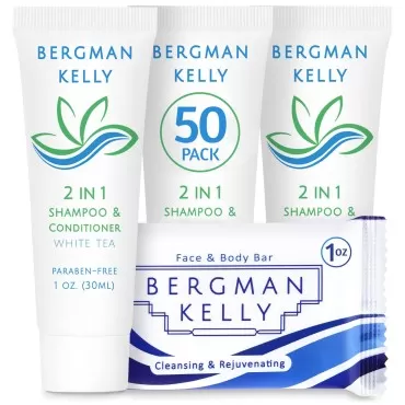 BERGMAN KELLY Rectangle Soap Bars, 2in1 Shampoo & Conditioner 2-Piece Set (White Tea, 1 oz each, 100 pc), Delight Your Guests with Revitalizing & Refreshing Sanitary Toiletries & Hotel Amenities