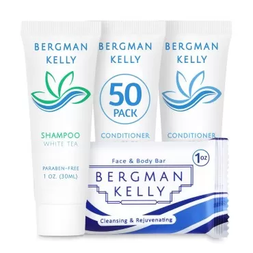 BERGMAN KELLY Rectangular Hotel Soap Bars, Shampoo & Conditioner 3-Piece Set (1 oz each, 150 pc, White Tea), Delight Guests with Revitalizing & Refreshing Mini Travel Toiletries & Bulk Amenities