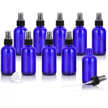 JUVITUS 4 oz / 120 ml Cobalt Blue Glass Boston Round Bottle with Black Fine Mist Spray (10 pack) + Funnel