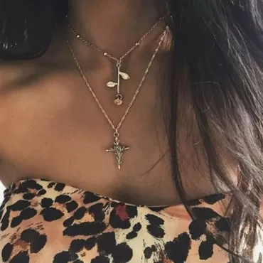 fxmimior 2 Tier Bohemia Rose Flower Cross Long Layered Necklace Bar Coin Charm Pendant Neckalce Delicate Station Chain Multilayer Dics Bar Choker Necklaces for Women