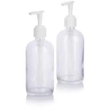 JUVITUS 8 oz Clear Boston Round Thick Plated Glass Bottle with White Lotion Pump (2 Pack)