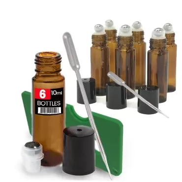 iPrimio Amber Brown Roller Bottles Set, 10 ml Roll On Stainless Steel Roller Balls for Essential Oils, Includes Droppers, Opener, and Labels for Essential Oils, Perfume, Refillable 6 Pack UV Amber
