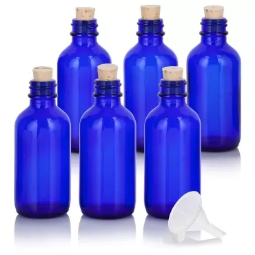 JUVITUS 2 oz Cobalt Blue Glass Boston Round Bottle with Cork Stopper Closure (6 Pack) + Funnel