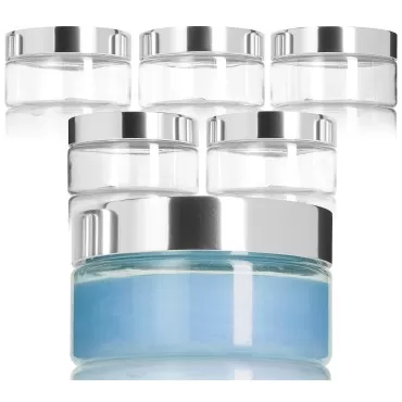 JUVITUS 8 oz Clear PET Plastic (BPA Free) Refillable Low Profile Jar with Silver Overshell Lids (6 pack)