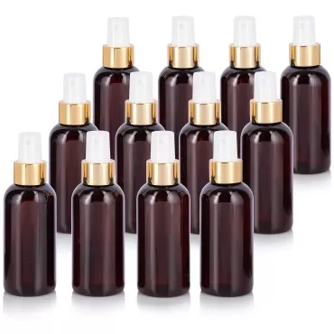 JUVITUS 4 oz Amber Boston Round PET Plastic Bottles with Gold Fine Mist Sprayer Atomizer (12 Pack)