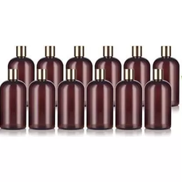 JUVITUS Amber 16 oz Boston Round PET Plastic Bottles (BPA Free) with (12 pack) (Gold Disc Cap)