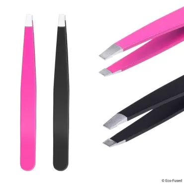 Tweezers - 2 Sets - Slant/Pointed/Flat - High Precision - Pluck Eyebrows, Apply Fake Eyelashes, Remove Facial/Body/Ingrown Hair - Essential Beauty & Personal Care Tool - Pink and Black