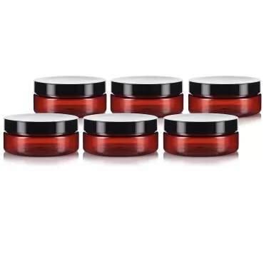 JUVITUS 4 oz / 120 ml Amber Plastic PET Refillable Extra Low Profile Jar (BPA Free) with Black Lid (6 Pack)