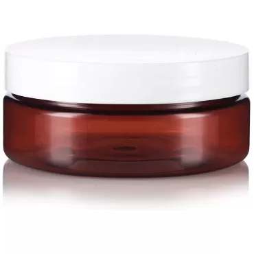 JUVITUS 4 oz / 120 ml Amber Plastic PET Refillable Extra Low Profile Jar (BPA Free) with White Lid (12 Pack)