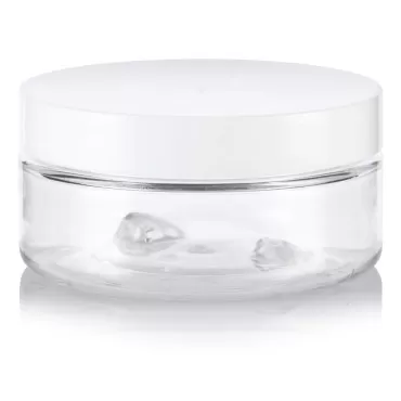 JUVITUS 3 oz Clear PET Plastic (BPA Free) Refillable Low Profile Jar with White Foam Lined Lid (12 Pack)