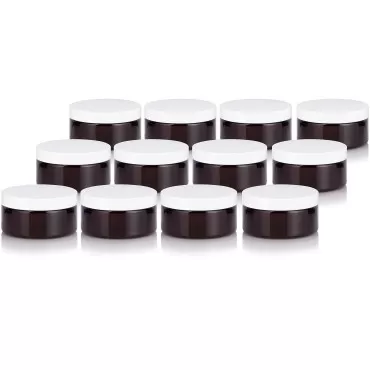 JUVITUS 8 oz Amber PET Plastic (BPA Free) Refillable Low Profile Jar with White Lid (12 pack)