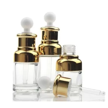 ericotry 1PCS Empty Refillable Upscale Clear Glass Bottle Aromatherapy Perfume Essential Oil Elite Fluid Cosmetic Jar Pot Container Vial with Glass Pipette Eye Dropper (50ml, Gold)