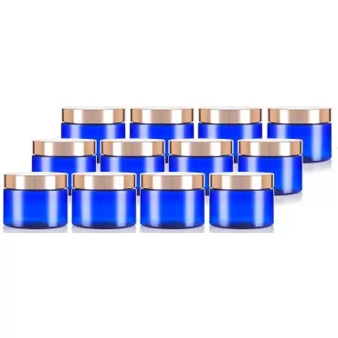 JUVITUS 12 oz Cobalt Blue PET Plastic (BPA Free) Refillable Low Profile Jar with Metal Overshell Lid (12 pack)