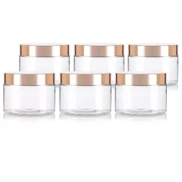JUVITUS 12 oz Clear PET Plastic (BPA Free) Refillable Low Profile Jar with Gold Metal Overshell Lid (6 pack)